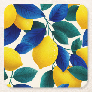 Vibrant Lemon & Blue Leaves Watercolor Pattern Square Paper Coaster