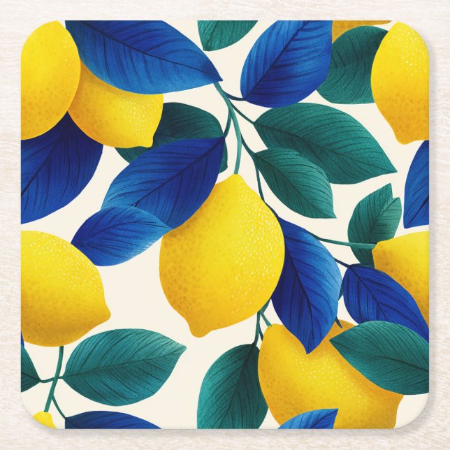 Vibrant Lemon & Blue Leaves Watercolor Pattern Square Paper Coaster (Front)