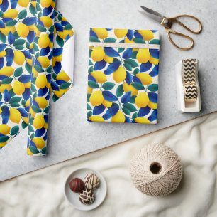 Vibrant Lemon & Blue Leaves Watercolor Pattern Wrapping Paper