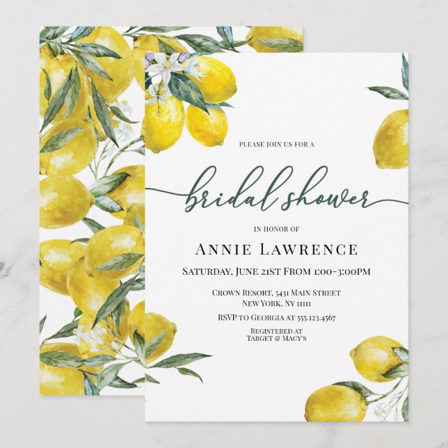 Vibrant Lemon Bridal Shower Invitations (Front/Back)