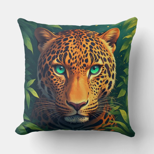 Vibrant Leopard Portrait With Emerald Eyes Cushion (Front)