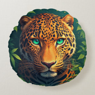 Vibrant Leopard Portrait With Emerald Eyes Round Cushion