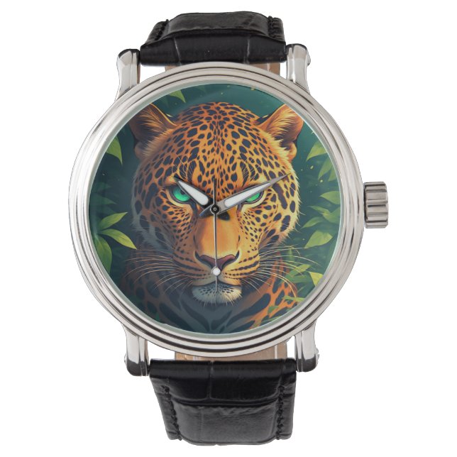 Vibrant Leopard Portrait With Emerald Eyes Watch (Front)