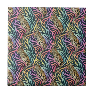 Vibrant Leopard & Rainbow Stripe Animal Print Art Tile