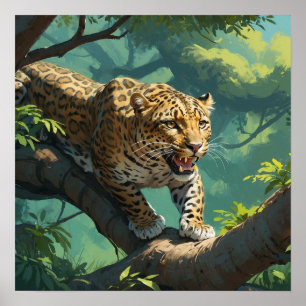 Vibrant Leopard Walking on Tree Branch Painting Poster