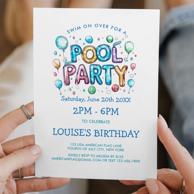 Vibrant Letters and Balloons Pool Party Invitation (Creator Uploaded)