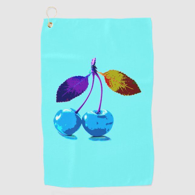 Vibrant light blue cherries pop art    golf towel (Front)