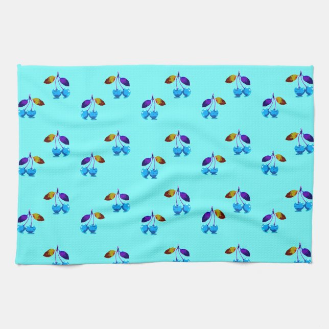 Vibrant light blue cherries    tea towel (Horizontal)