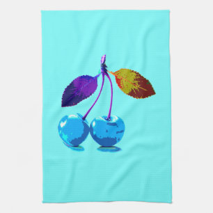 Vibrant light blue cherries   tea towel