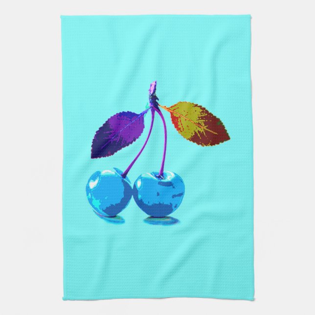Vibrant light blue cherries   tea towel (Vertical)