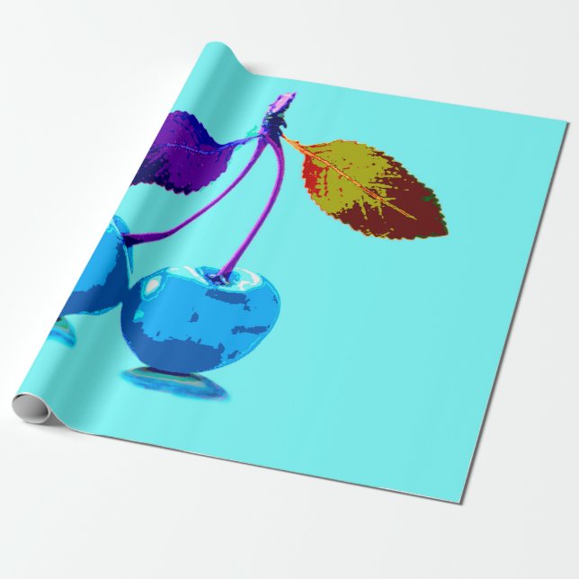 Vibrant light blue cherries wrapping paper (Unrolled)