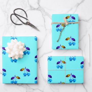 Vibrant light blue cherries wrapping paper sheet