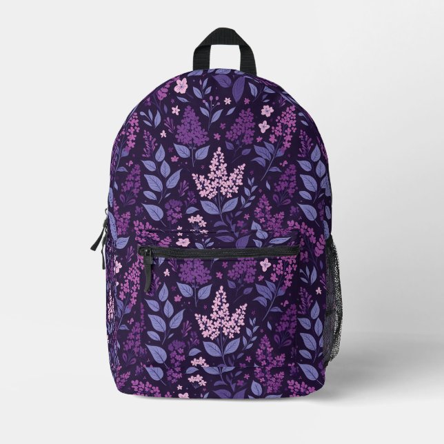 Vibrant Lilac Floral Pattern Printed Backpack (Front)