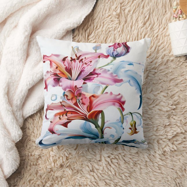 Vibrant Lilies in Bloom Against White Background Cushion (Blanket)