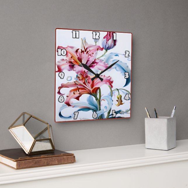 Vibrant Lilies in Bloom Against White Background Square Wall Clock (Office)