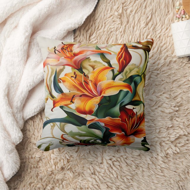 Vibrant Lilies in Colourful Abstract Design Cushion (Blanket)