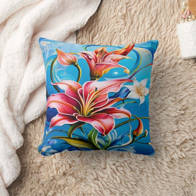 Vibrant Lily Blooms Against Blue Backdrop Cushion (Blanket)