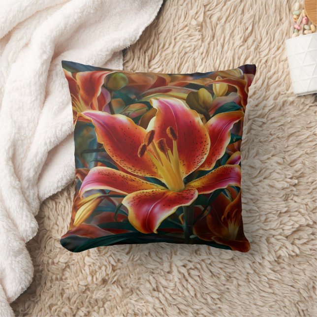Vibrant Lily Blooms in a Garden at Dusk Cushion (Blanket)