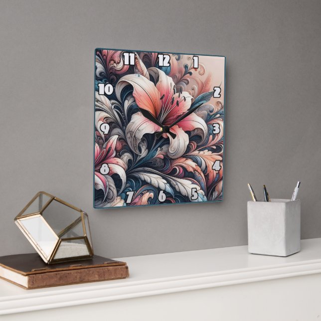 Vibrant Lily Blossoms With Intricate Swirls Square Wall Clock (Office)