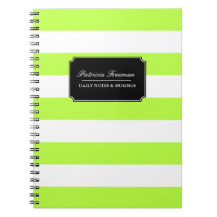 Vibrant Lime Green and White Stripes Custom Name Notebook