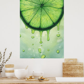 Vibrant Lime Green Citrus Slice Watercolor Art Poster
