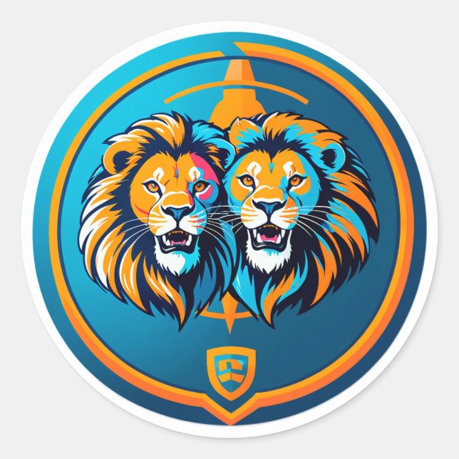 Vibrant Lion Duo Emblem Inside Blue Circle Classic Round Sticker (Front)