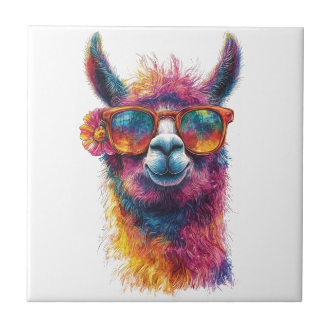 Vibrant Llama Head Illustration – Colorful, Unique Tile (Front)