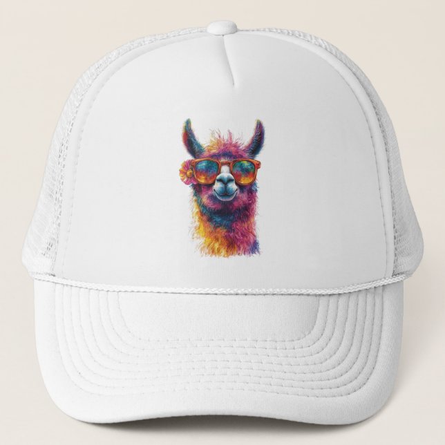 Vibrant Llama Head Illustration – Colorful, Unique Trucker Hat (Front)