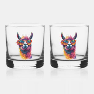 Vibrant Llama Head Illustration – Colorful, Unique Whiskey Glass