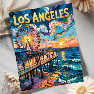 Vibrant Los Angeles Pier Sunset Van Gogh Vintage Postcard