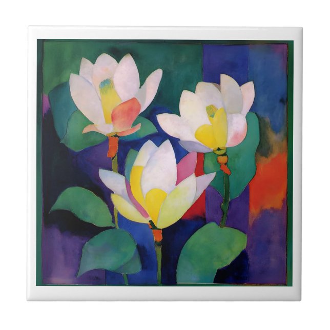 Vibrant Lotus Flowers - Modern Watercolor Wall Art Tile (Front)
