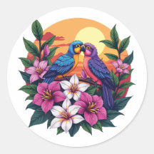 Vibrant Lovebirds at Sunset with Tropical Flowers