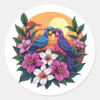 Vibrant Lovebirds at Sunset with Tropical Flowers Classic Round Sticker