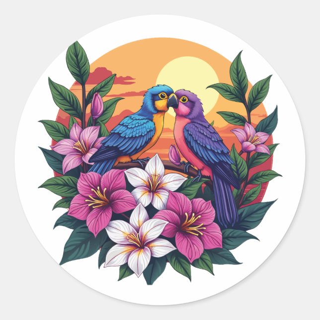 Vibrant Lovebirds at Sunset with Tropical Flowers Classic Round Sticker (Front)
