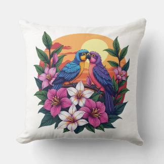 Vibrant Lovebirds at Sunset with Tropical Flowers Cushion