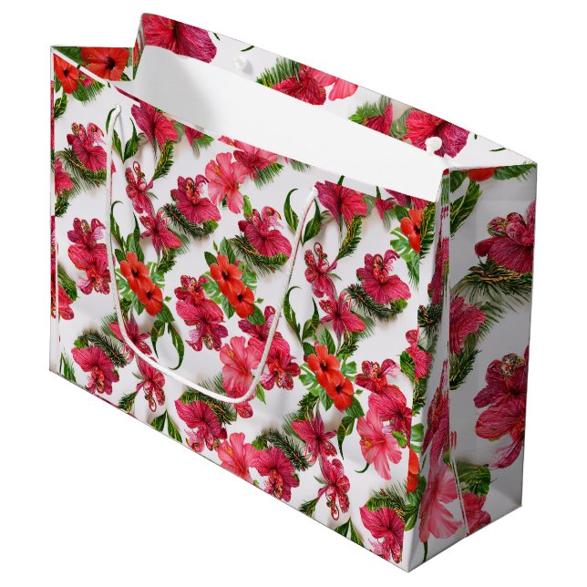 Vibrant Lush Pink and Red Tropical Botanicals Large Gift Bag (Front Angled)