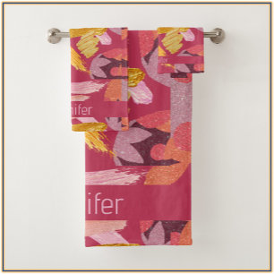 Vibrant Magenta and Gold Abstract Bath Towel Set