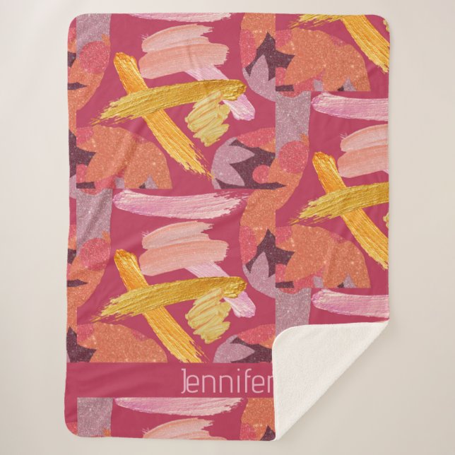 Vibrant Magenta and Gold Abstract Sherpa Blanket (Front)