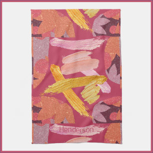 Vibrant Magenta and Gold Abstract Tea Towel