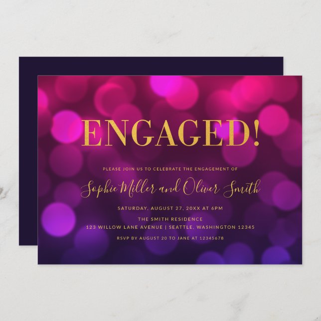 Vibrant Magenta Bokeh Faux Gold Engagement Party Invitation (Front/Back)