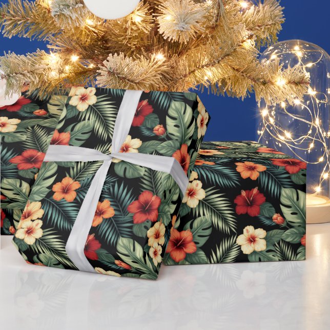 Vibrant Magenta Hibiscus Tropical Florals Wrapping Paper (Holidays)