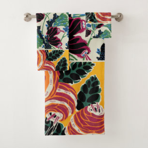 Vibrant Magenta & Orange Abstract Flower Art Bath Towel Set