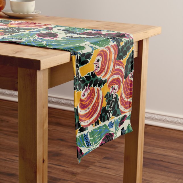 Vibrant Magenta & Orange Abstract Flower Art Long Table Runner (In Situ)