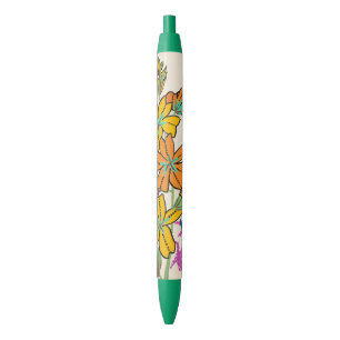 Vibrant Magenta & Orange Art Deco Flower Art Black Ink Pen