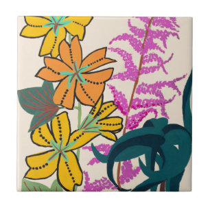 Vibrant Magenta & Orange Art Deco Flower Art Tile