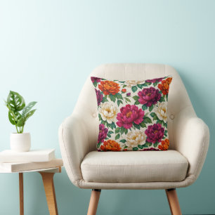 Vibrant Magenta Orange Peony Floral Pattern Cushion
