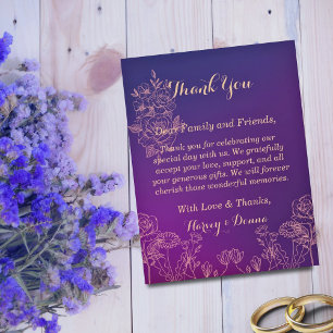Vibrant Magenta Purple with Floral lined Wedding Thank You Card