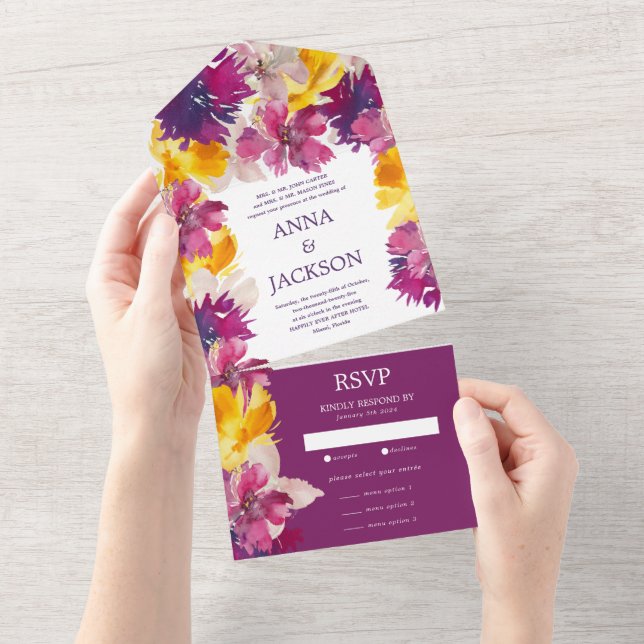 VIbrant Magenta Purple Yellow Floral  Wedding All In One Invitation (Tearaway)