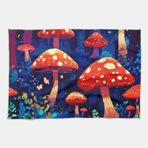 Vibrant Magic Mushroom Forest Art Tea Towel