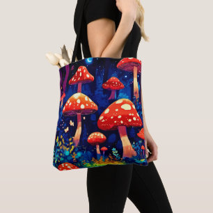 Vibrant Magic Mushroom Forest Art Tote Bag